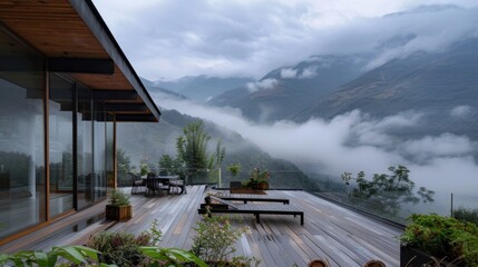 Summer terrace under the roof of a modern house There are mountains behind. foggy 