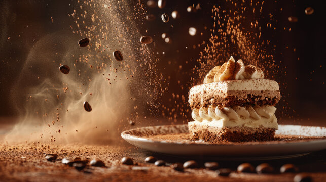 An enchanting image of coffee beans in mid-swirl around a classic tiramisu with a dusting of cocoa powder