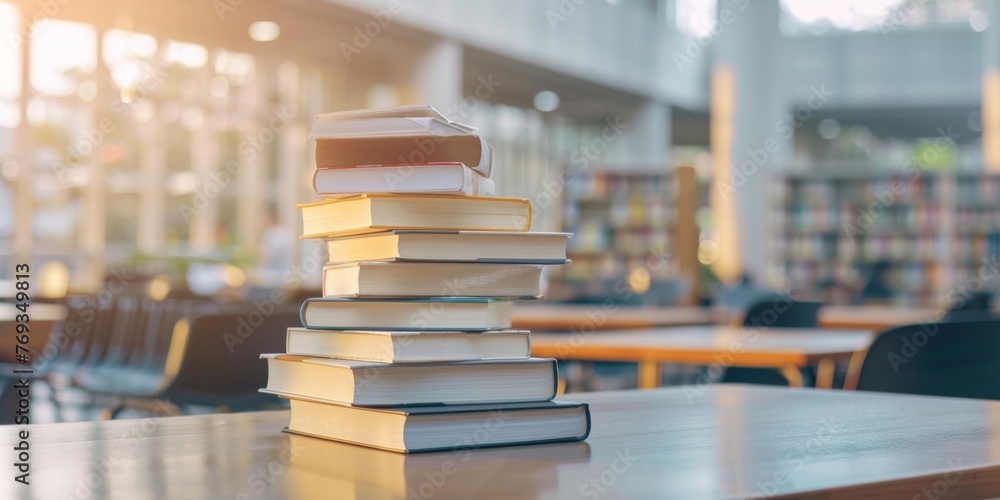 Poster a stack of books neatly placed on a library table, illuminated by sunlight