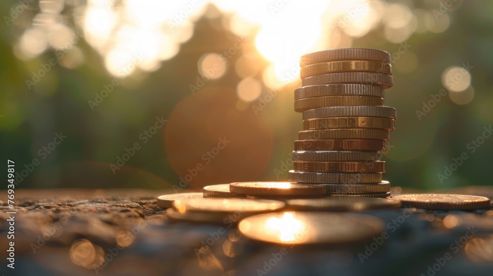 Poster a stack of coins sitting on top of a table, with small trees in the background providing a contrast 
