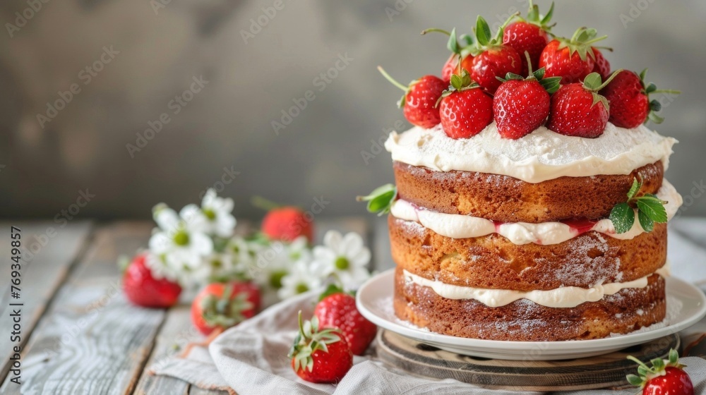 Poster a three layer cake with fresh strawberries on top displayed on a rustic wooden table