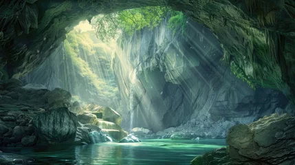 Fotobehang surrounded by green cave stone forest, shining with silver light, rippling water,  © chaynam