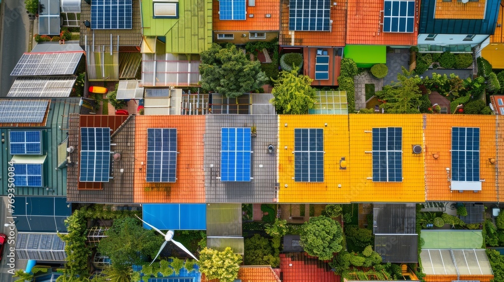 Poster an aerial view of a rooftop covered in a colorful array of homemade solar panels with a diy wind tur