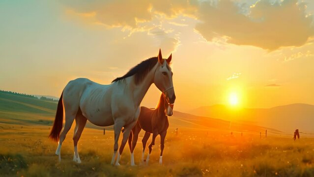 Beautiful horse family at sunset. 4k video animation