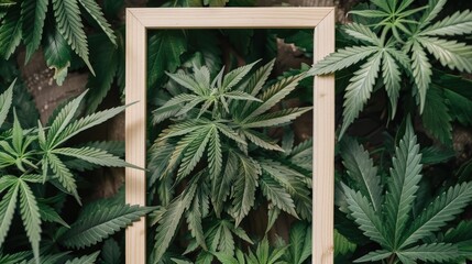 Thin wooden 3x4 ratio frame mockup fully visible with nothing covering it next to a cannabis plant   - obrazy, fototapety, plakaty