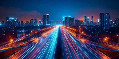 Nighttime Traffic on a Busy City Highway: Long Exposure Shot with Motion Blur. Concept Cityscapes, Long Exposure Photography, Urban Landscapes, High-speed Traffic, Nighttime Views