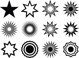 Sparkle Star Icon Set - Vector Stock Illustration. Modern geometric elements, shining star icons, abstract sparkle black silhouettes symbol vector set.