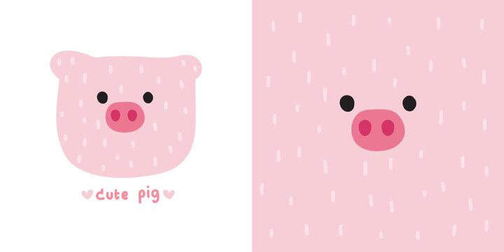 Cute smile pig face soft hair hand drawn.Farm head animal character cartoon design.Kid graphic.Image for card,poster,print screen,baby clothing,T-shirt,sticker.Kawaii.Vector.Illustration.