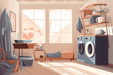 Laundry room. Laundry basket, cleaning accessories on a wooden bench. Scandinavian style interior. Rustic home laundry interior with modern washing machine