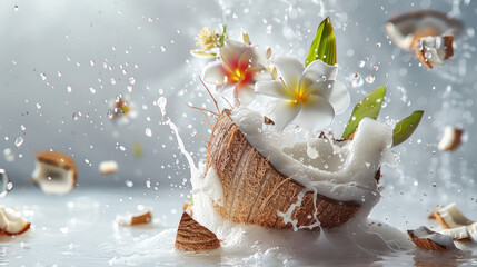 Highly dynamic image of a cracked coconut with flowers and water splashes, pure and exotic