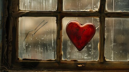 A heart on a hazed window murmurs untold accounts of affection carved in dim minutes - obrazy, fototapety, plakaty