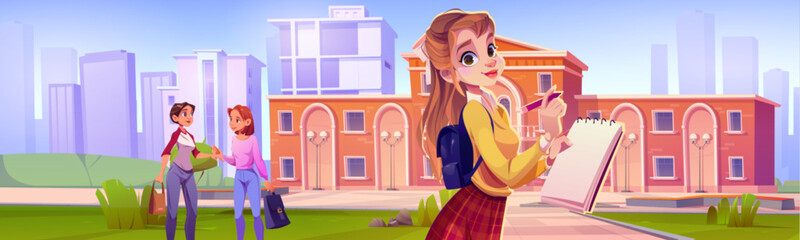 High school students on campus. Vector cartoon illustration of beautiful smart girl with notebook standing in front of college building, modern city background, summer park with green lawn and bushes - obrazy, fototapety, plakaty