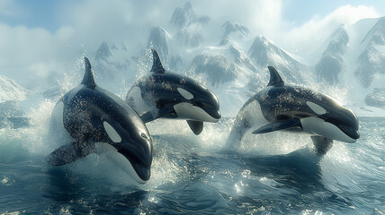 Orcas jumping to the surface of the blue sea - obrazy, fototapety, plakaty