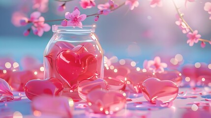 a lot of heart formed inflatables sitting on top of a table close to a jar with pink blossoms in it