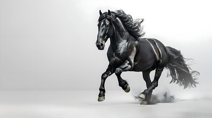 majestic black horse galloping in grey studio	
