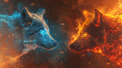 Happy friendship day creative poster, friendship concept with fire and water relation, Gaming Avatar Featuring Tow Distinct Wolves, Generative Ai - obrazy, fototapety, plakaty