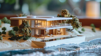 A small model of ocean side lodging represents the ideas of land