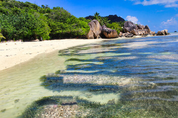 The gorgeous sands of the world famous Anse Source D'Argent beach on La Digue Island, Seychelles