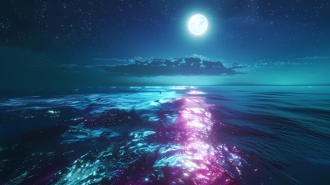 fluorescent ocean moonlight sparkling stars illustration abstract poster web page PPT background