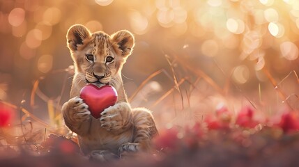 Adorable lion whelp introducing heart molded gift on obscured enchanted background for valentine day - obrazy, fototapety, plakaty