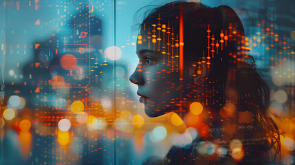 Double exposure. a young girl to management of business, Generative Ai