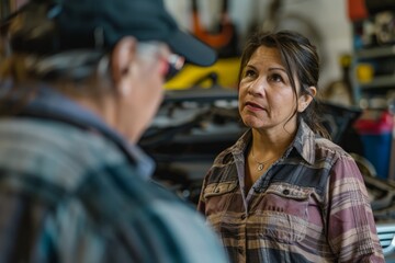 A woman, identified as the car owner, is engaged in conversation with a man in a garage, possibly discussing vehicle repairs or maintenance