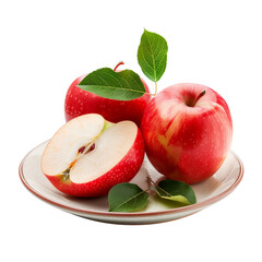 Sliced red apples with leaves on a plate isolated on a white background. Transparent PNG for design element.