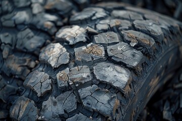 Detailed close-up of a tire on a dusty dirt road, showcasing the textures and details of the tires surface