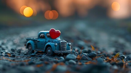 Blue retro toy vehicle conveying heart for valentine day against obscured rustic tuscany nightfall scene - obrazy, fototapety, plakaty