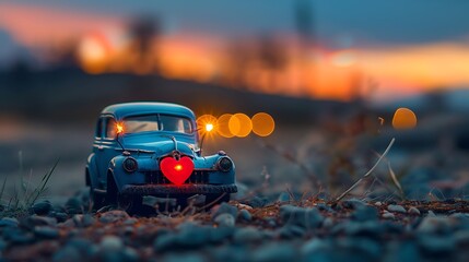 Blue retro toy vehicle conveying heart for valentine day against obscured rustic tuscany nightfall scene
