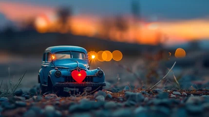 Deurstickers Blue retro toy vehicle conveying heart for valentine day against obscured rustic tuscany nightfall scene © Emma