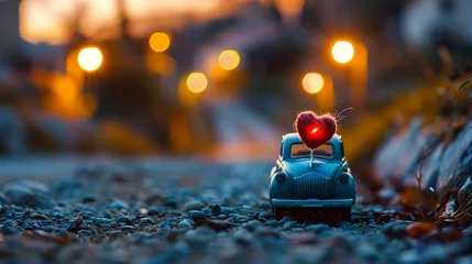 Foto op Aluminium Blue retro toy vehicle conveying heart for valentine day against obscured rustic tuscany nightfall scene © Emma