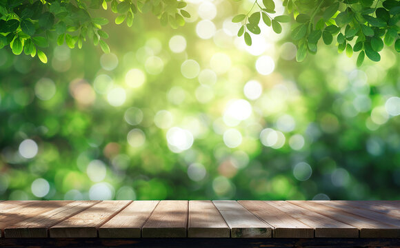 Empty wooden table top with blurred green spring nature background