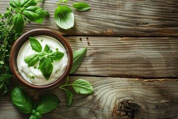 Fototapeta na wymiar A bowl of yogurt filled with fresh herbs like mint and basil