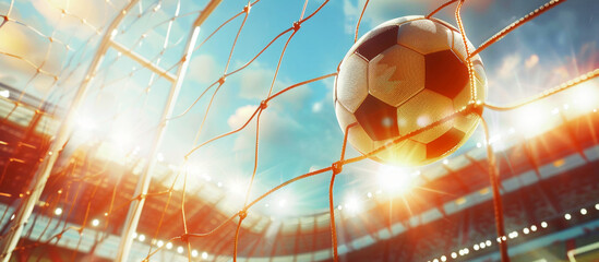 A football on a stadium with flying ball in the net. Banner of soccer game concept.