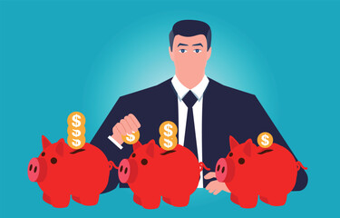 Investment experience with investment experts, investment strategies, diversification, wealth distribution, seated businessman putting different amounts of gold coins inside a piggy bank