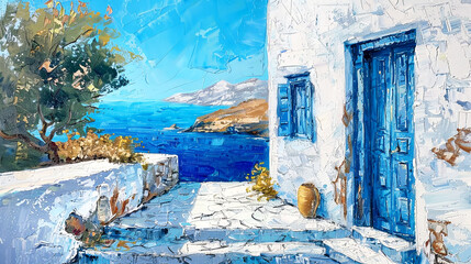 Oil painting of Greek white village  with tree . Summer landscape