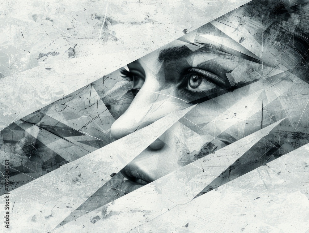 Poster a stunning painting of a womans face interwoven with intricate geometric shapes, creating a mesmeriz