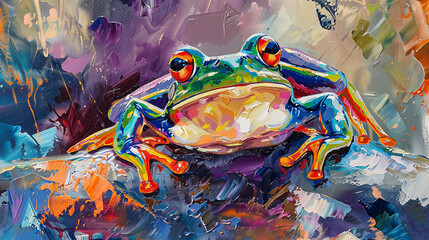 Colorful artwork of  cute frog on abstract background. Oil painting.