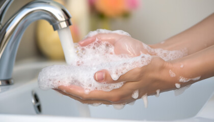 Washing hand with soap in bathroom - obrazy, fototapety, plakaty