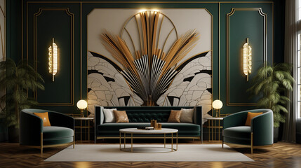 Living room art deco interior design ai generated