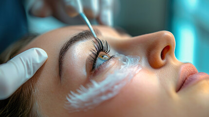 A close-up of a woman getting her eyebrows shaped and groomed by a beautician in a beauty salon