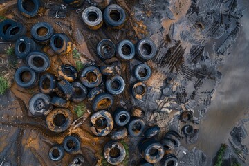 Overhead drone shot showing a collection of worn-out tires at a dumping site