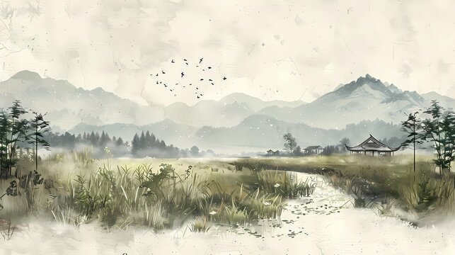 traditional grass stream mountain landscape illustration abstract background decorative painting
