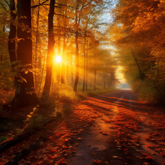 Obraz premium Autumn forest in the morning with sunbeams shining through the trees