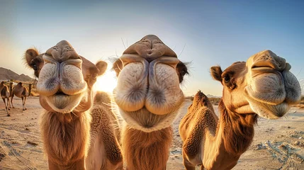 Fotobehang A group of camels stand together in the arid desert landscape © Anoo