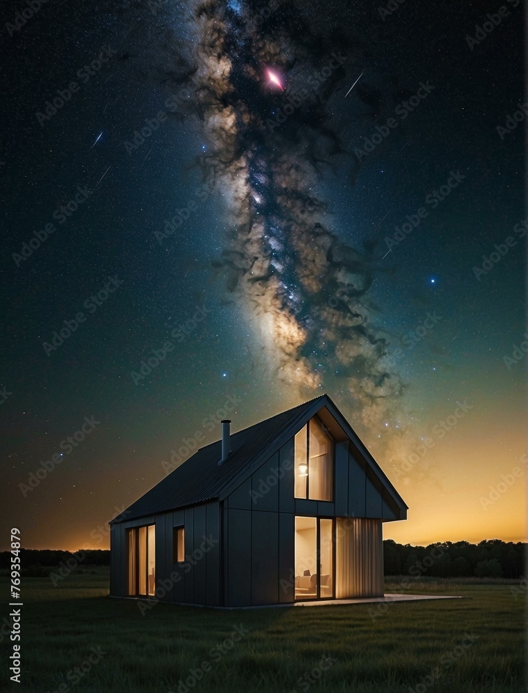 Poster a house in the middle of a field with stars above it. generative ai.