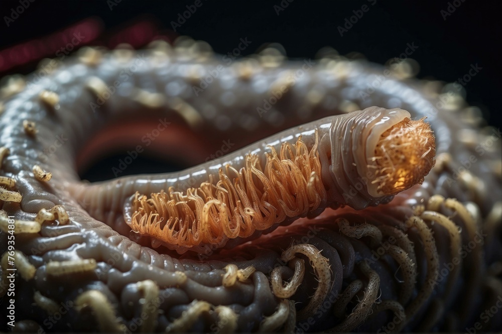 Poster a worm with a long tail on top of a black background. generative ai.