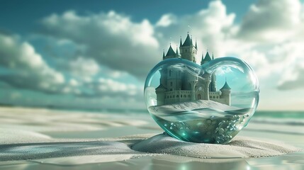 Fantasy palace in a reasonable glass heart on white sand ocean side sky and seascape - obrazy, fototapety, plakaty