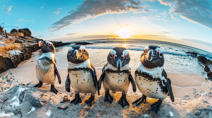 Multiple penguins are seen standing on top of a sandy beach - obrazy, fototapety, plakaty